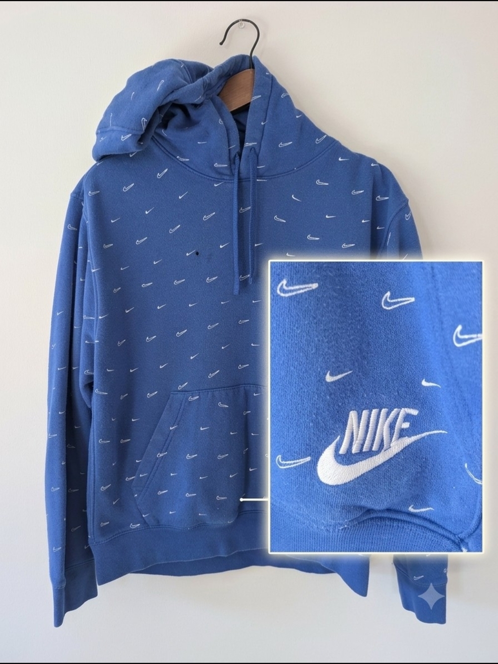 Nike Black Tag All Over Print Swoosh Print Blue Hoodie Men's Large DC2767-480